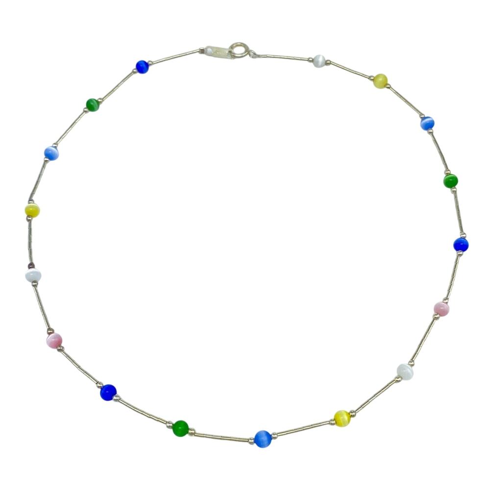 Vintage Sterling Silver 925 Multicolor Cat’s Eye Necklace 15.5"